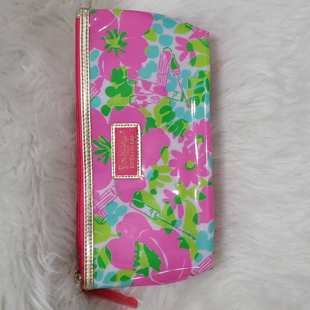 Lilly Pulitzer for Estee Lauder Pink Floral Vinyl Makeup Bag Zip Top